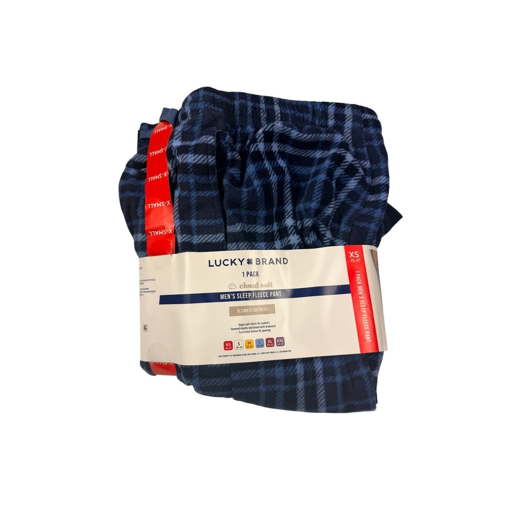Lucky Brand Sleep Fleece Pant Mens XS Blue Plaid Cloud Soft Drawstring NEW